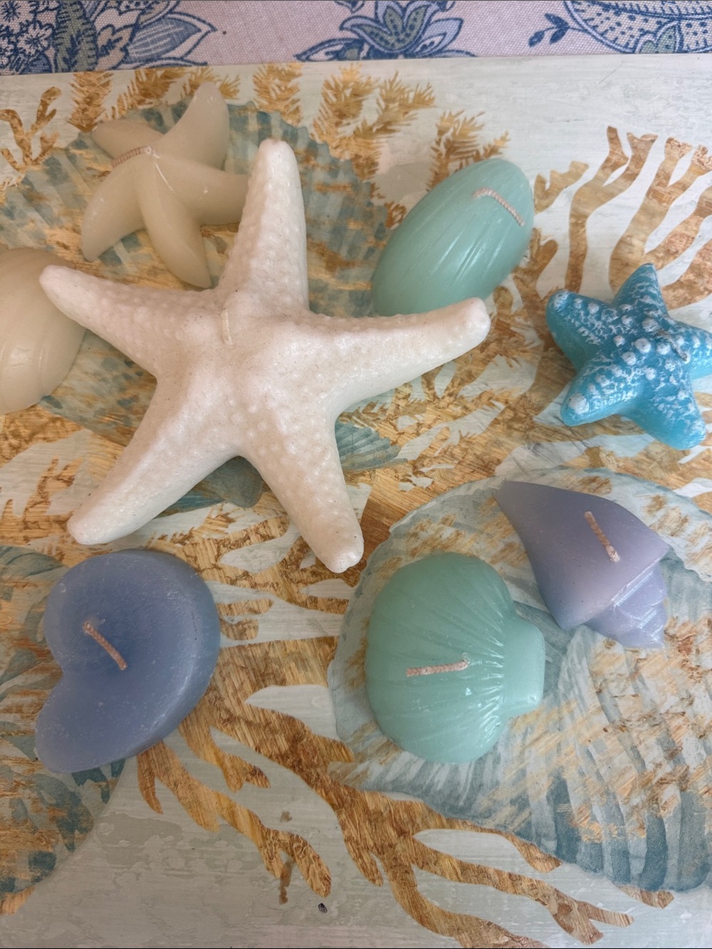 Coastal Starfish & Shell Decorative Candle Set in White and Aqua